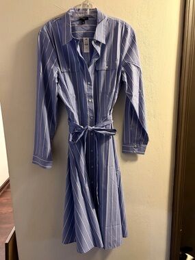 Talbots Blue and White Striped Shirt Dress with Tie Waist